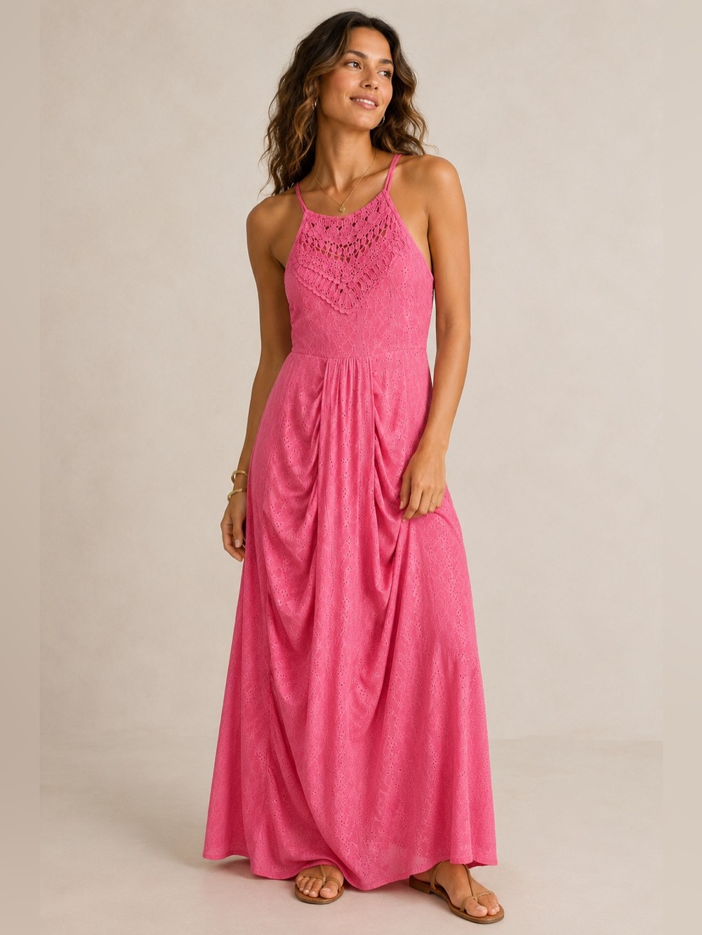 CHICME Pink Eyelet Crochet Halter Maxi Dress – Size Medium